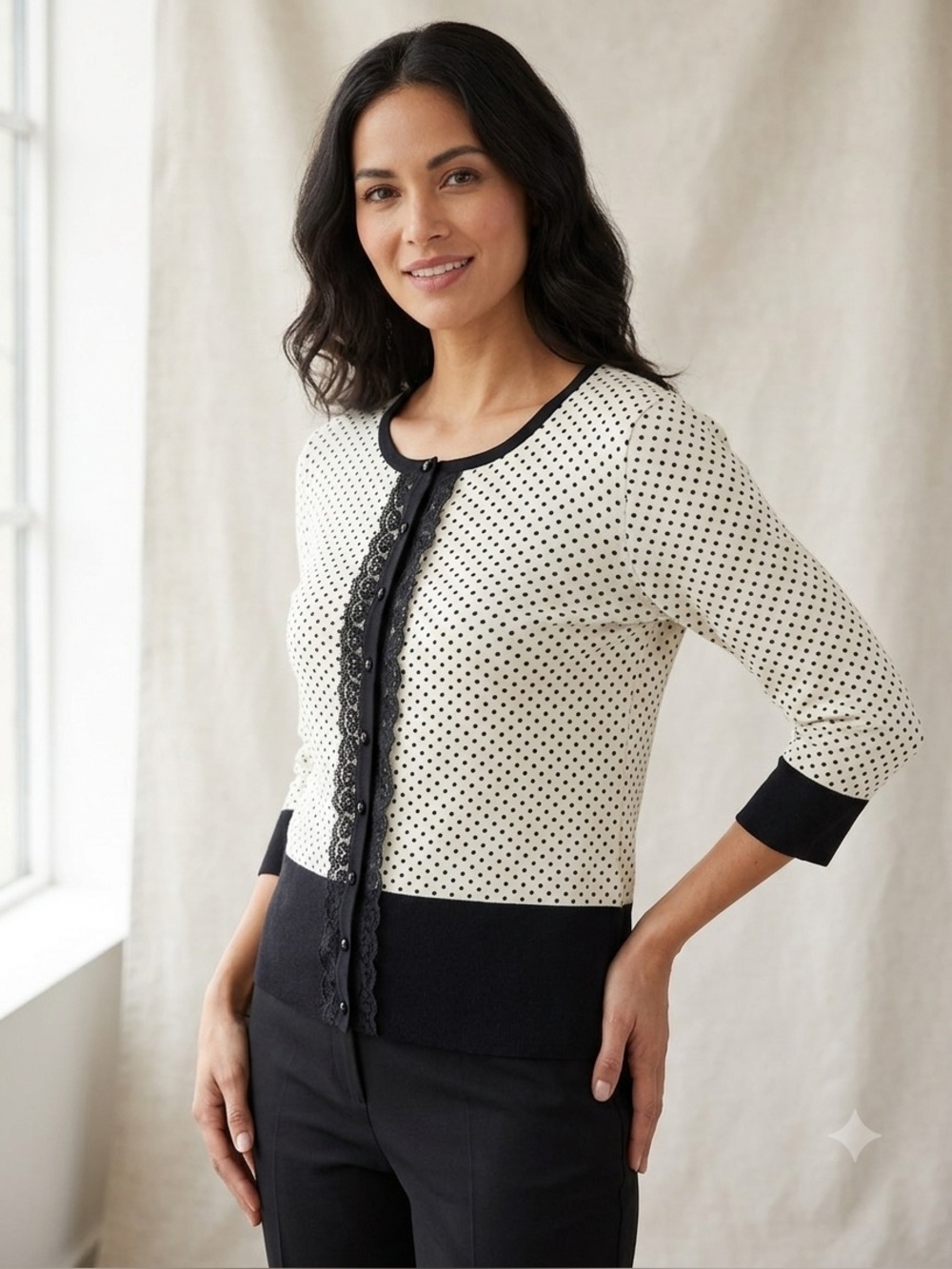 Larry‎ Levine Women's Top Sz L Cream and Black Polka Dot Lace Black Trim Stretch